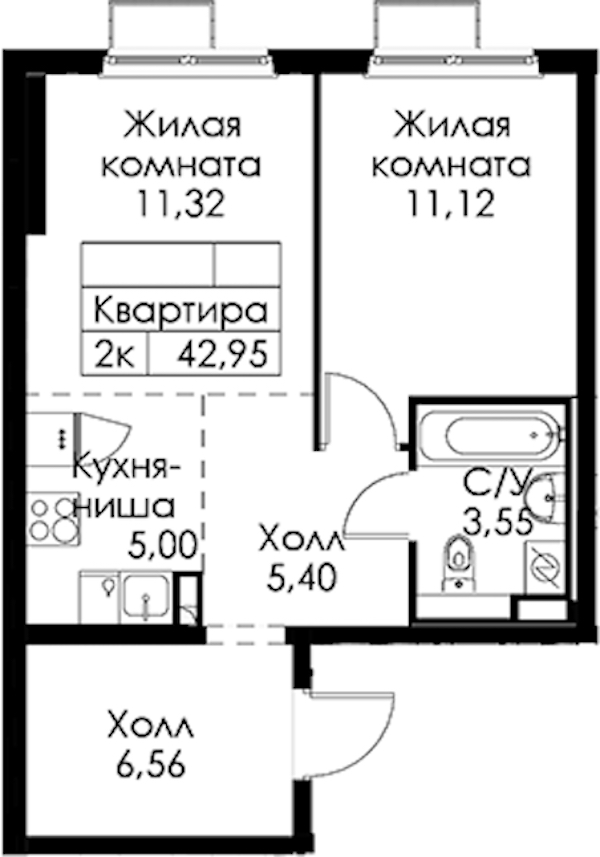 1-комнатная квартира 42.95 м², 6/15 эт., ЖК «Янинский лес»